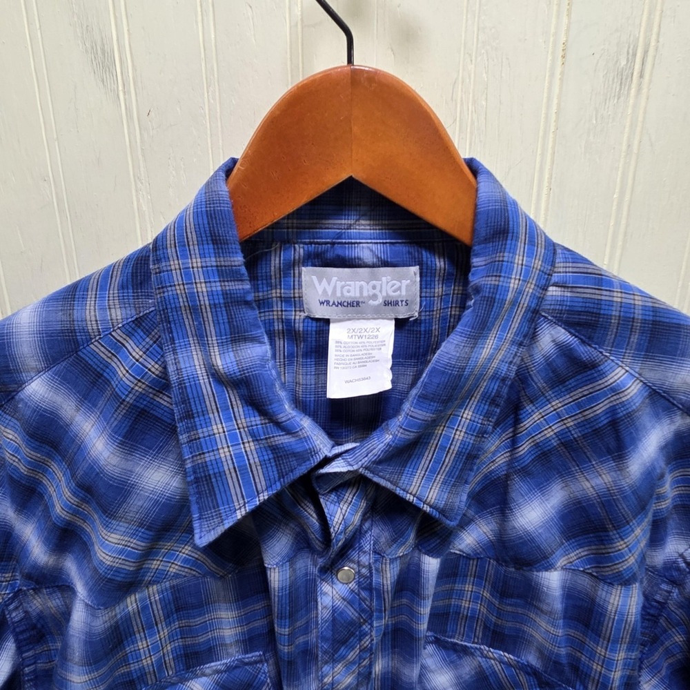 Wrangler Shirt Mens 2XL Blue Plaid Long Sleeve Western Snap Pockets Casual